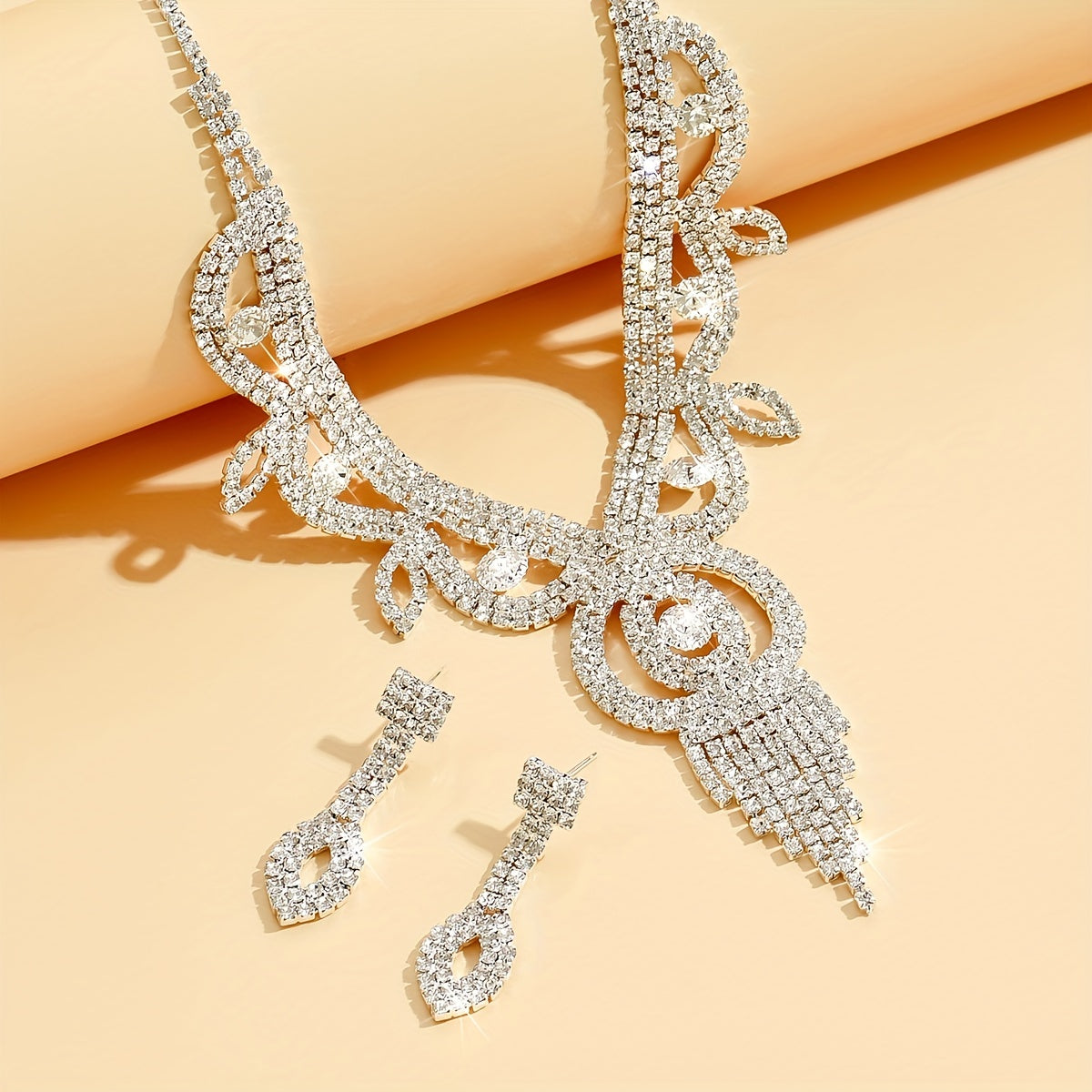 3pcs Earrings Plus Necklace Elegant Jewelry Set Silver Plated Inlaid Rhinestone Evening Party Decor Wedding Jewelry For Female