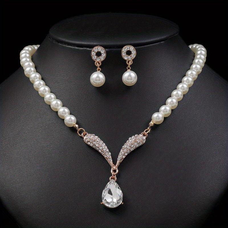 Elegant Faux Pearl Necklace and Earrings Set for Women - Perfect Bridal Dress Accessory in Golden and Silver Alloy