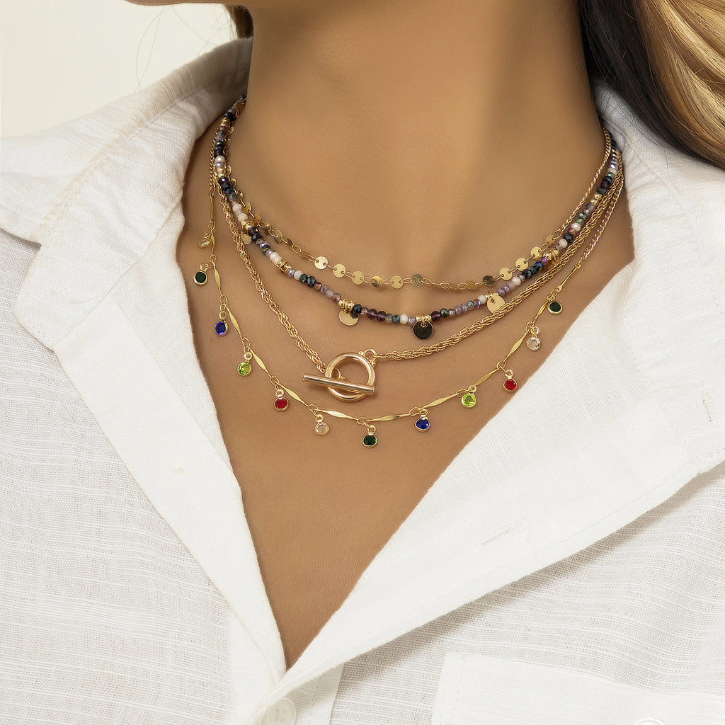 4-Piece Elegant Colorful Crystal Sequins Tassel Geometric Beaded Necklace Set - Perfect for Women!