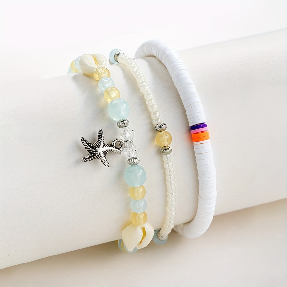 3pcs Starfish Shape Pendant Seed Beads Beaded Anklet Set With White Clay Beads Stackable Ankle Bracelet Set