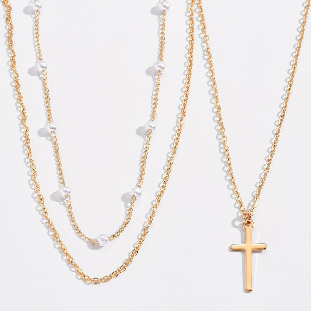 Elegant Layered Necklace with Retro Imitation Pearl Cross Pendant - Perfect Gift for Women