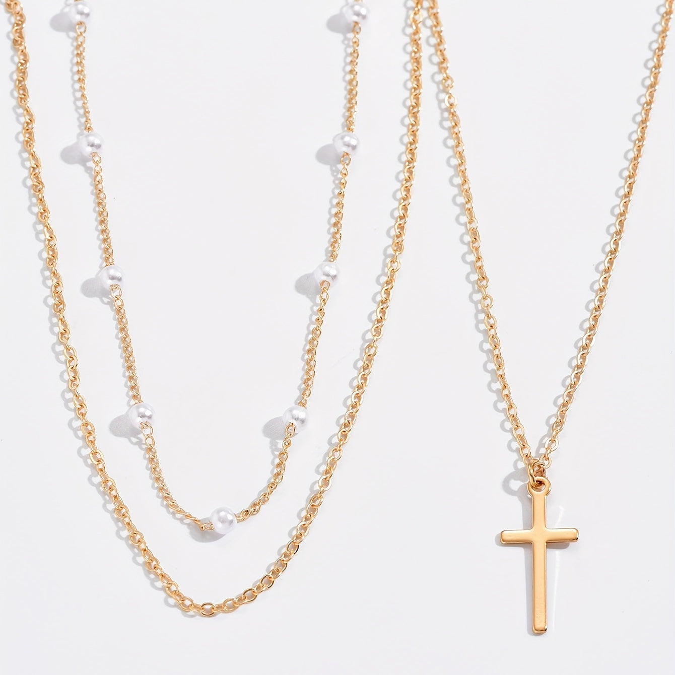 Elegant Layered Necklace with Retro Imitation Pearl Cross Pendant - Perfect Gift for Women