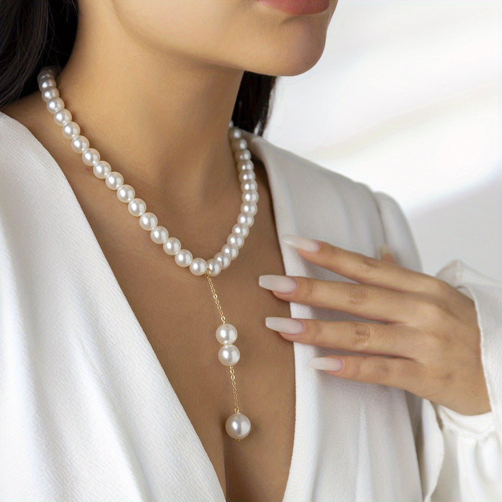Elevate Your Style with this Simple and Elegant Imitation Pearl Y-Shaped Necklace with Tassel for Women and Girls