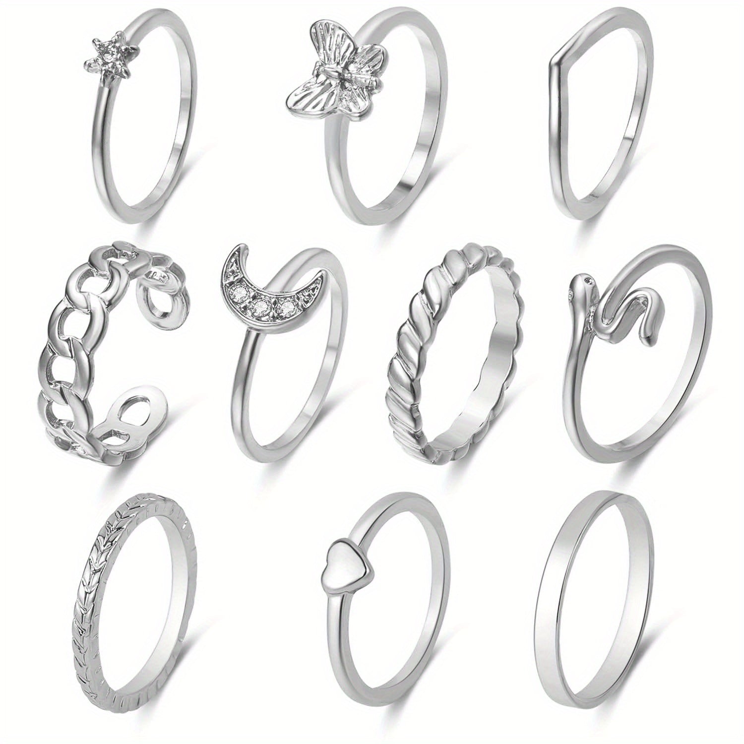 10pcs Vintage Style Stacking Rings Trendy Butterfly Snake Chain Heart Shape Zinc Alloy Mix And Match For Daily Outfits Party Accessories