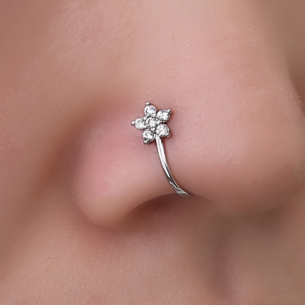 Shiny Flower Shape Zircon Nose Clip Non-Piercing Adjustable Body Jewelry Decor For Women & Girls