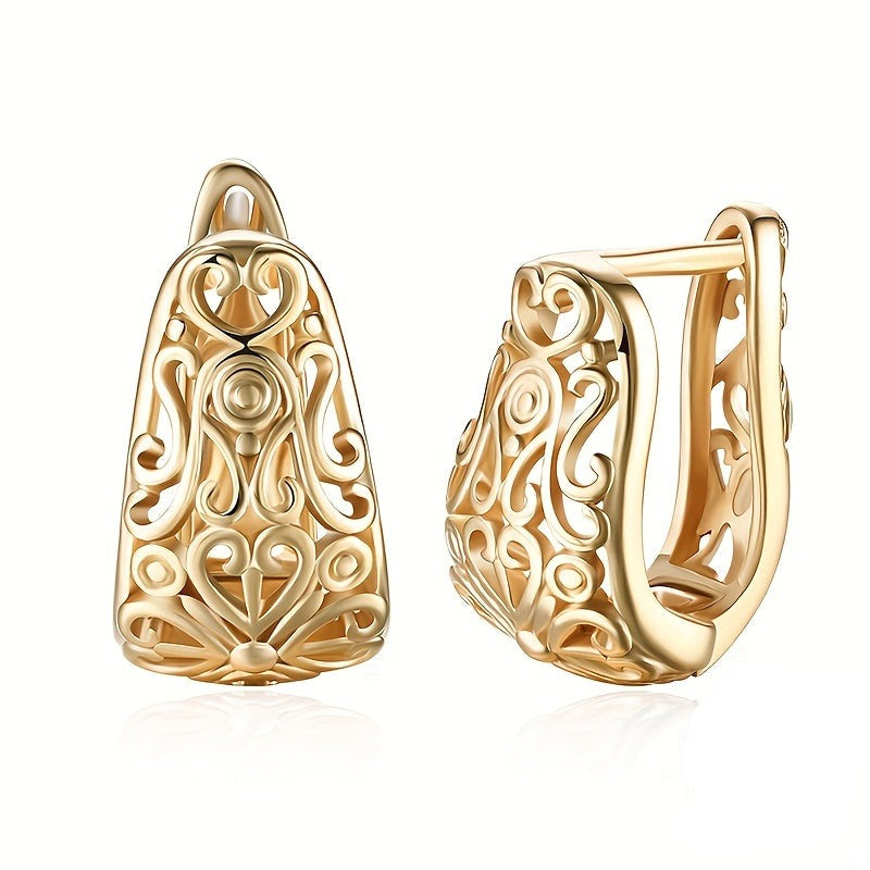 Golden Chunky Hollow Carved Pattern Hoop Earrings Luxury Elegant Style Exquisite Accessories Female Gift