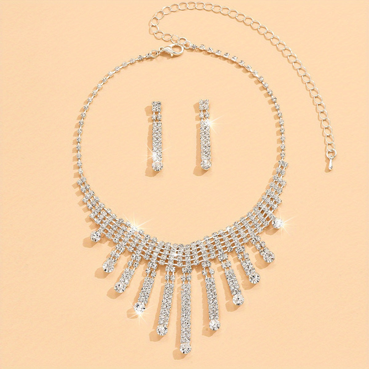 3pcs Earrings Plus Necklace Elegant Jewelry Set Silver Plated Inlaid Rhinestone Long Tassel Design Dainty Evening Party Decor