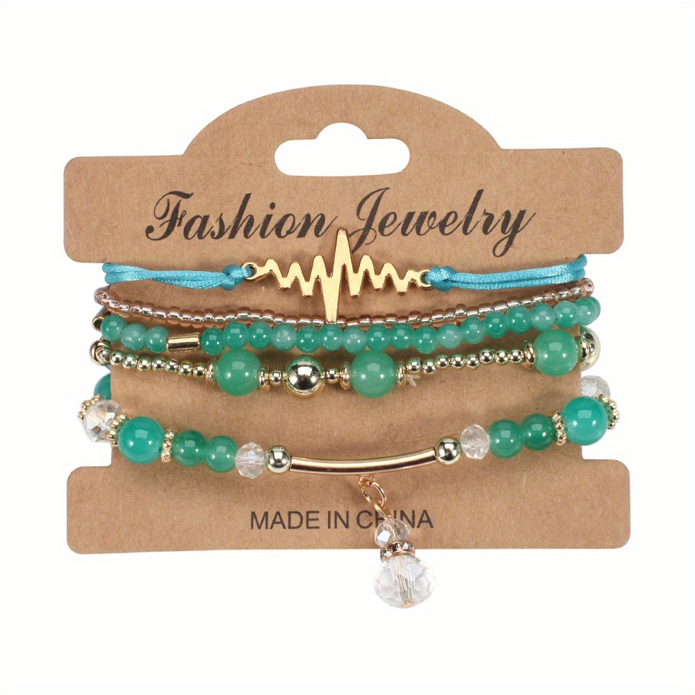 Boho Style ECG Pattern Multi-Layer Beaded Bracelet Set - Hand Jewelry Accessories