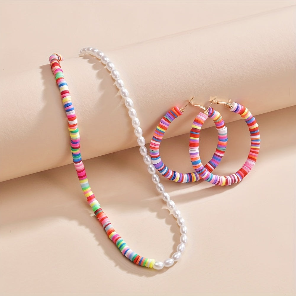 3pcs Earrings Plus Necklace Made Of Colorful Beads And Milky Stones Match Daily Outfits Perfect Decor For Summer Vacation