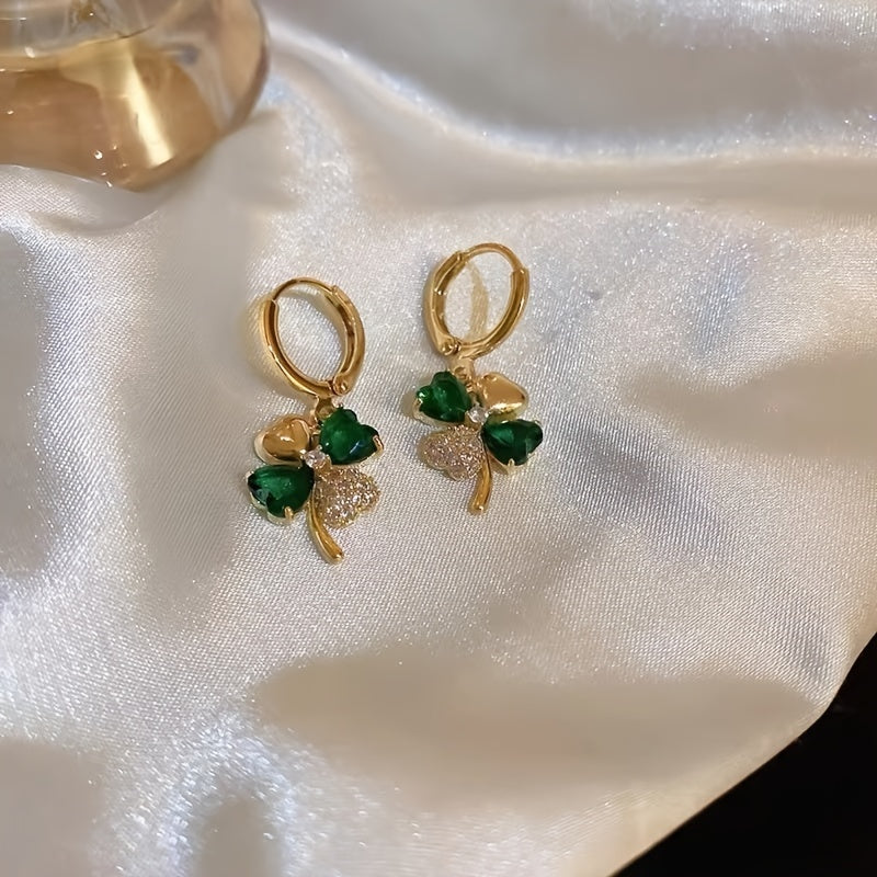 St Patrick's Day Green Gems Four Leaf Clover Drop Earrings 18K Gold Plated Good Luck Ornament For Women