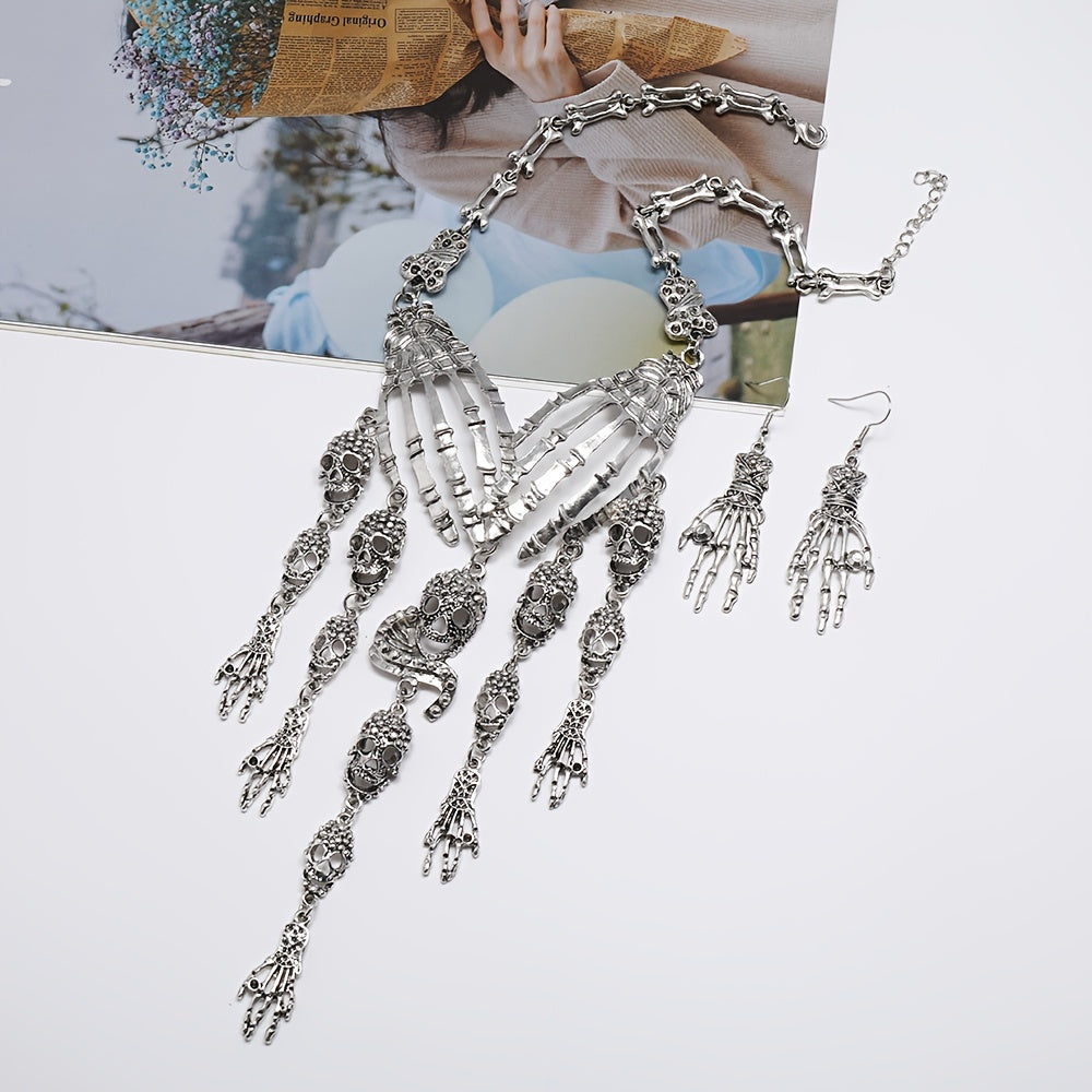 3pcs Earrings Plus Necklace Gothic Style Jewelry Set Trendy Skull Head And Skull Hand Design Golden Or Silvery Make Your Call Halloween Decor