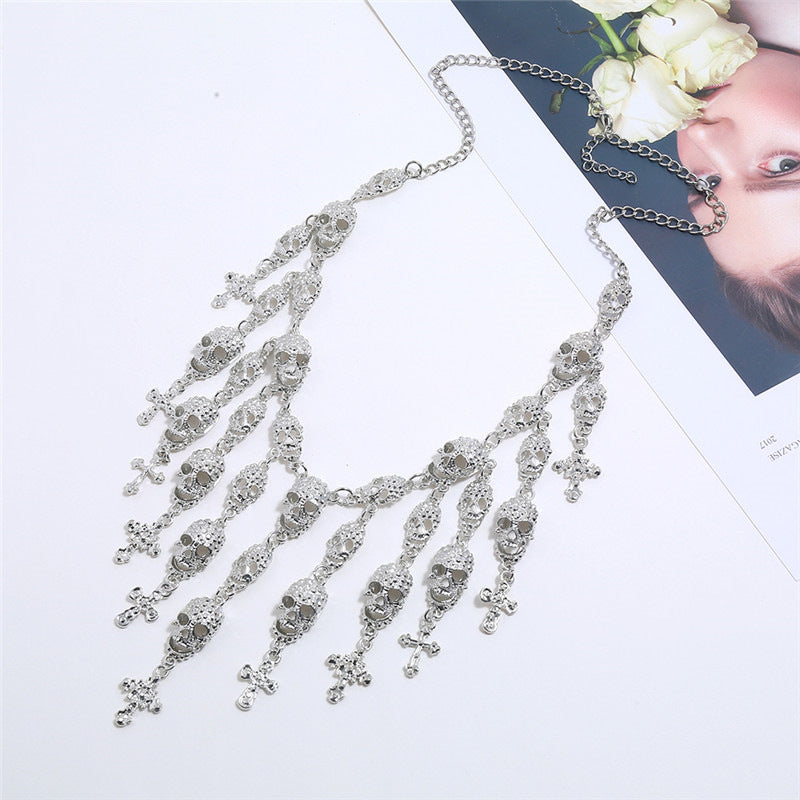 Make a Bold Statement with this Stylish Big Skull Cross Tassel Necklace