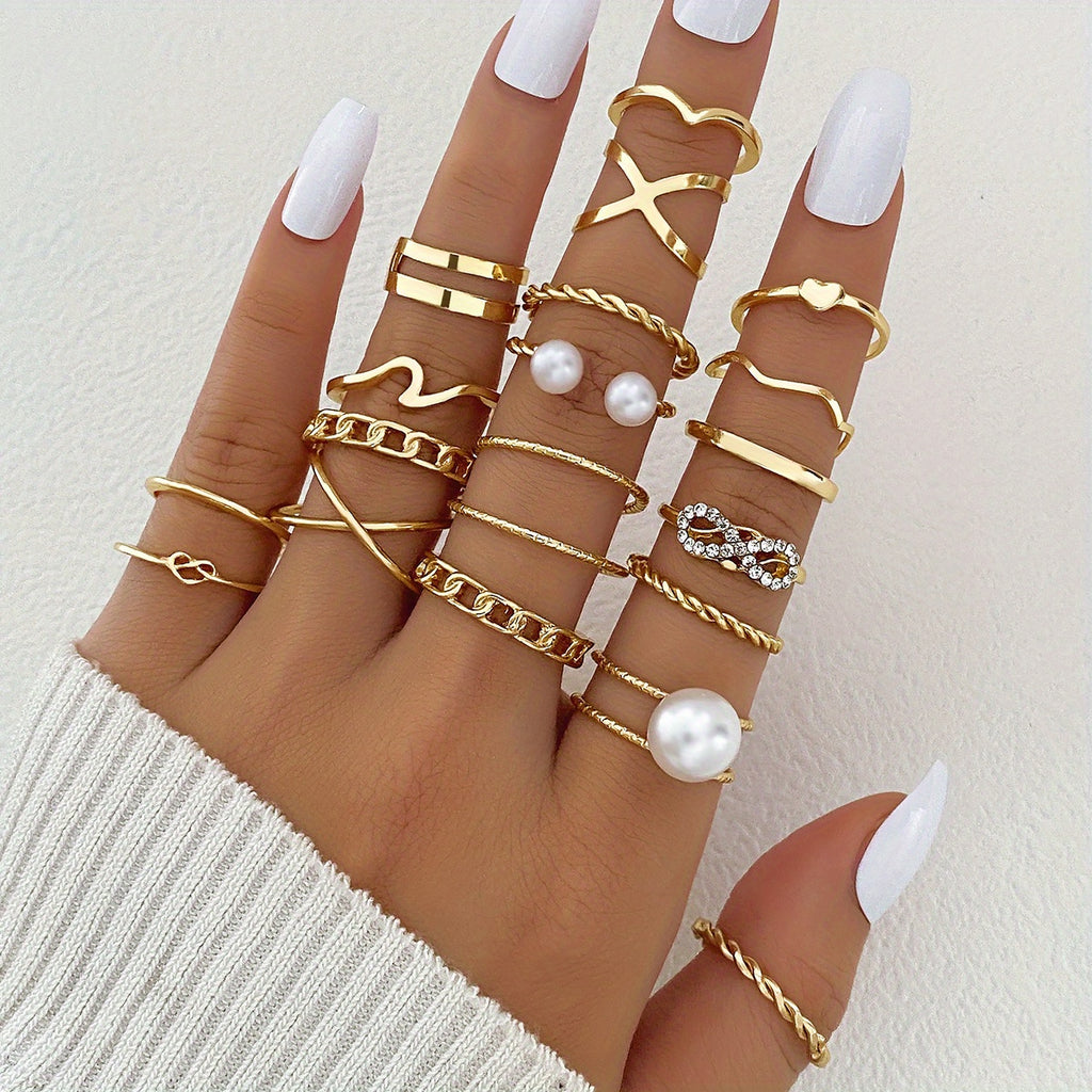 19pcs Y2k Ring Set Trendy Bow Knot V Shape Chain Patterns Inlaid Rhinestone Mix And Match For Daily Outfits Party Accessories Stackable Jewelry