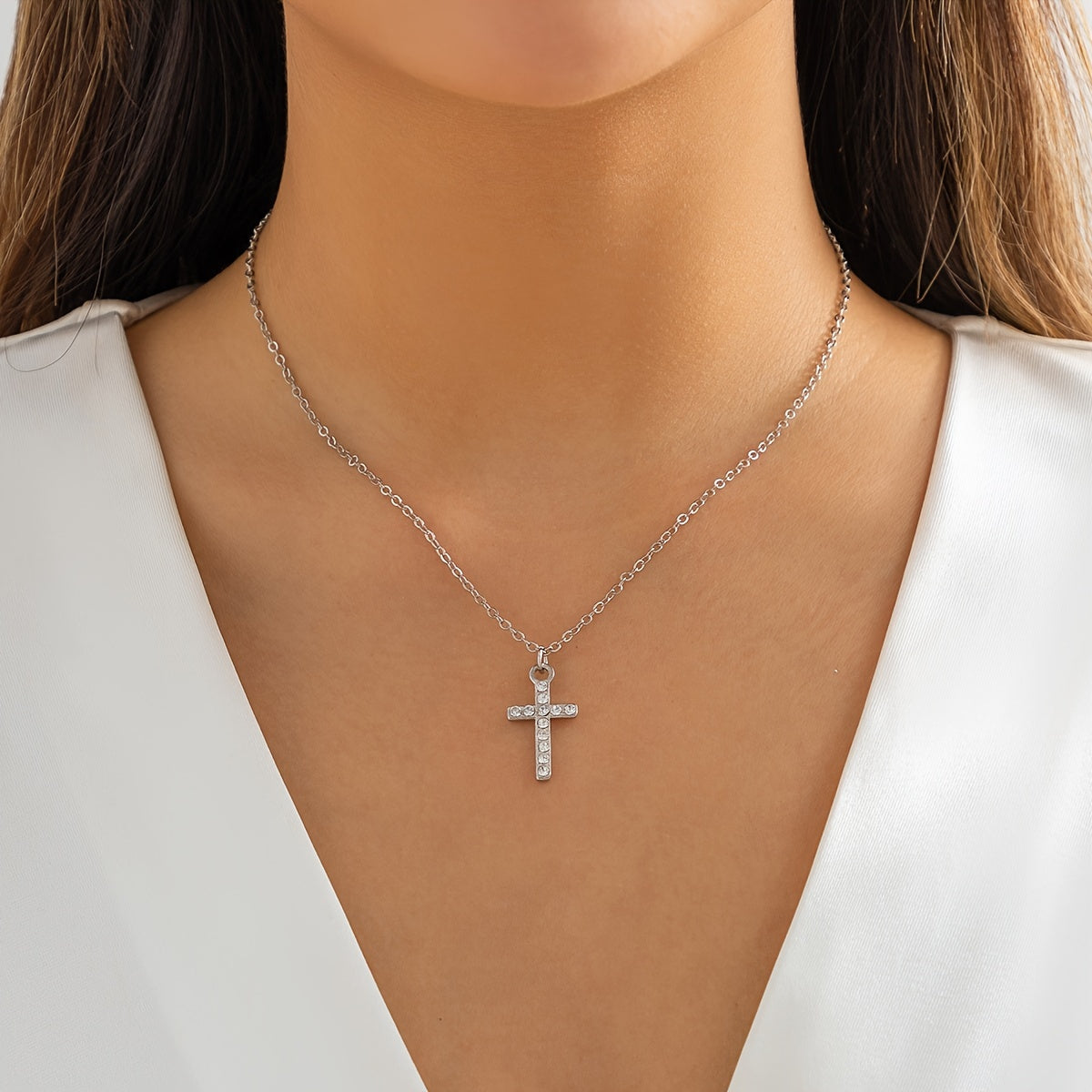 Gorgeous Minimalist Dainty Fashion Rhinestone Cross Pendant Necklace
