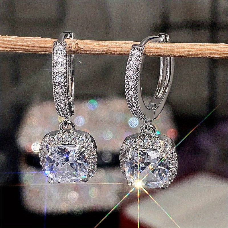 Elegant 4-Claw Zircon Dangle Earrings for Women - Copper Silver Plated, Perfect Gift Idea