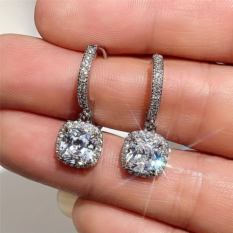 Elegant 4-Claw Zircon Dangle Earrings for Women - Copper Silver Plated, Perfect Gift Idea