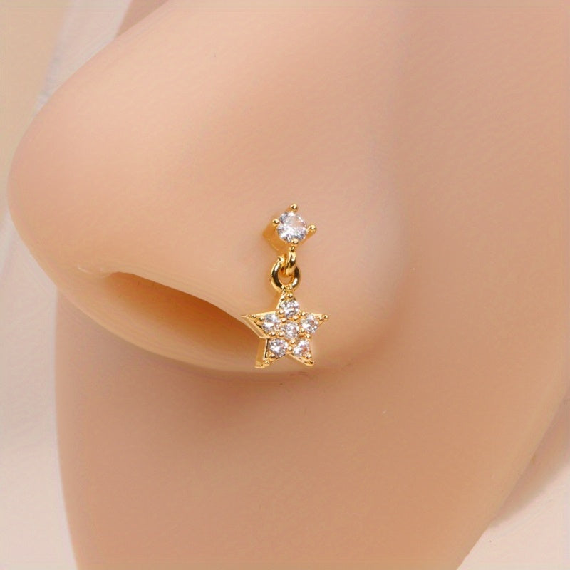1pc Full Shiny Zircon Star Shape Pendant Nose Nail L-Shaped Ear Cartilage Piercing Body Jewelry Nose Ring