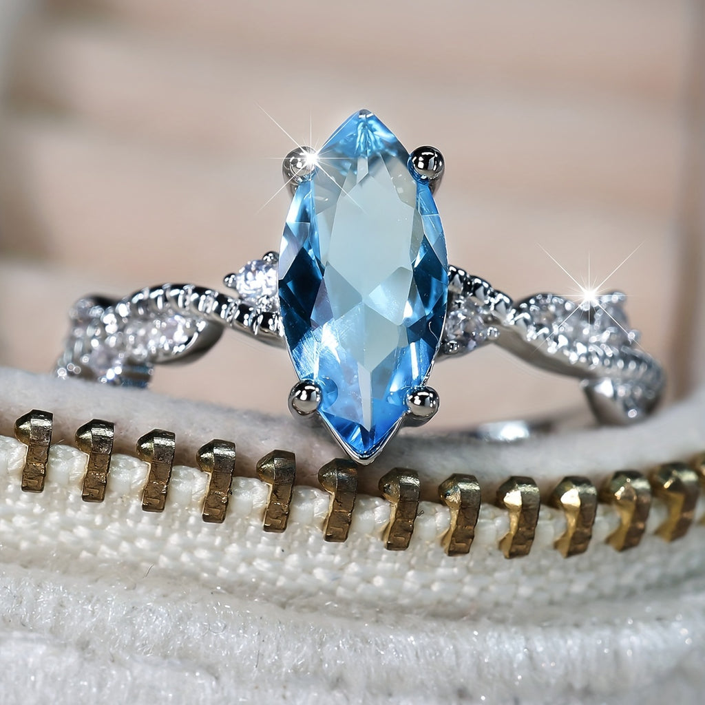 1pc Elegant Promise Ring Inlaid Ocean Blue Oval Zircon Shining With Micro Zircons Engagement Jewelry