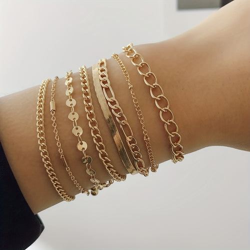Complete Your Look with our 8 Piece Geometric Chain Bracelet Set - Adjustable Alloy Metal Jewelry Accessories