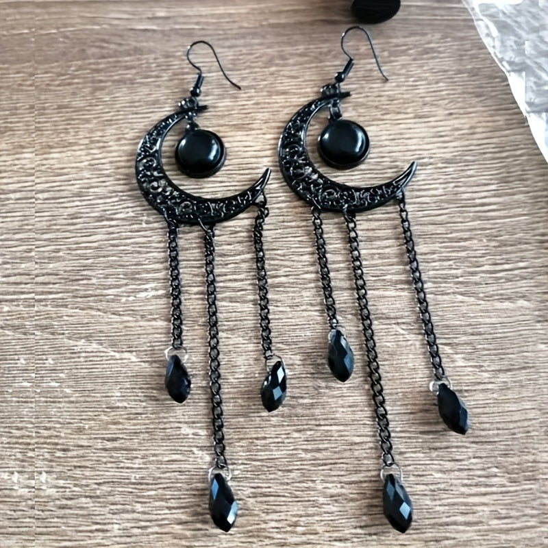 Halloween Ear Jewelry Carved Golden Moon Chain Tassel Design Dangle Earrings Goth Style Female Gift