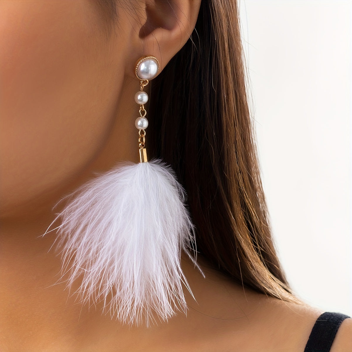 Long Feather Faux Pearl Decor Dangle Earrings Bohemian Vocation Style Trendy Female Gift Daily Casual