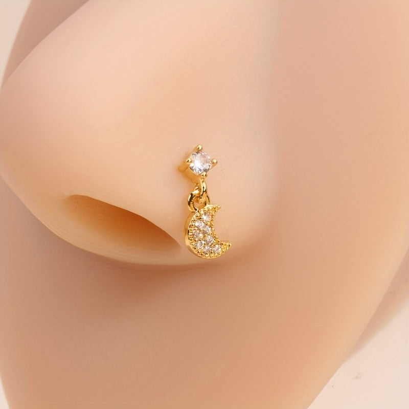 1pc Mini Moon Shape Pendant Nose Nail Ring Inlaid Shiny Zircon Simple Style  Nose Piercing Jewelry