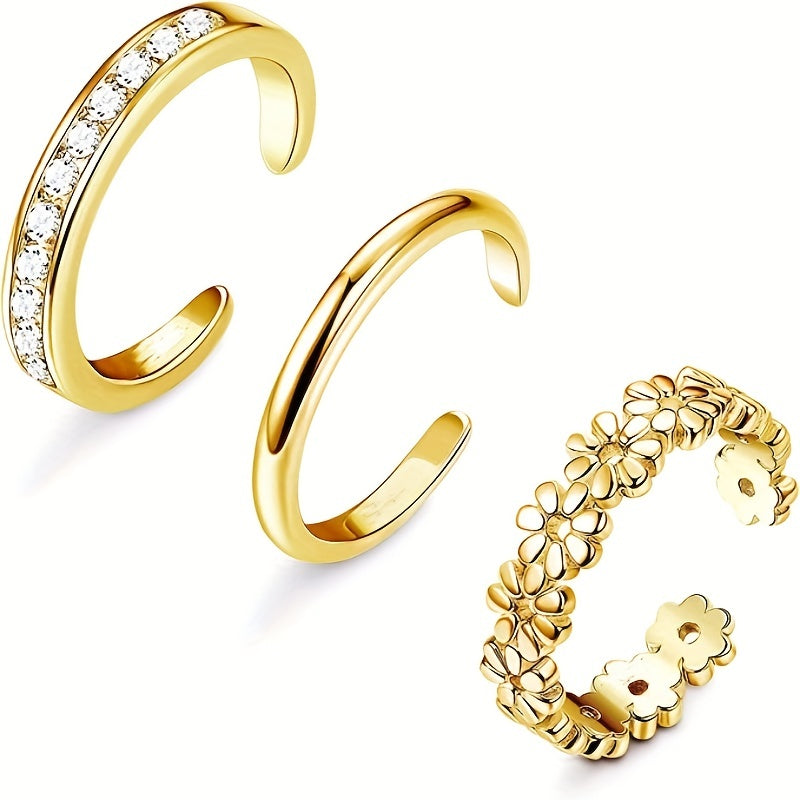3PCS Toe Ring Set Inlaid Shiny Zircon Flower Etc Shape Pattern Open Toe Ring Foot Jewelry Accessories For Women