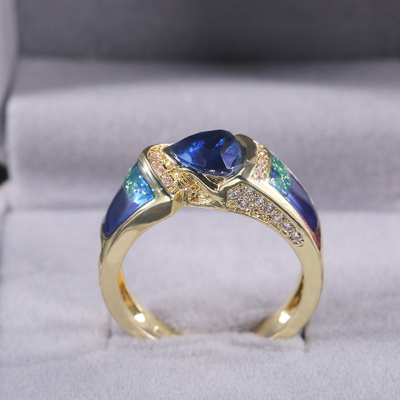Exquisite Vintage 18k Gold Hollow Women Ring with Triangle Cut Sea Blue Crystal and Small Zircon - Perfect for Weddings, Bridesmaid Parties and Gifts