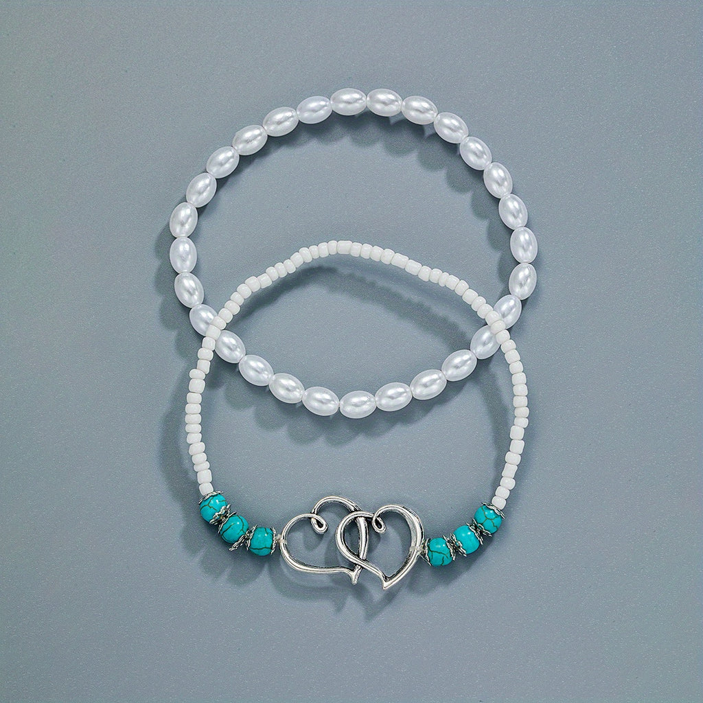 Double Hollow Out Love Heart Beaded Anklet Set With Faux Pearls Turquoise Beads Stackable Ankle Bracelet