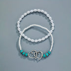 Double Hollow Out Love Heart Beaded Anklet Set With Faux Pearls Turquoise Beads Stackable Ankle Bracelet