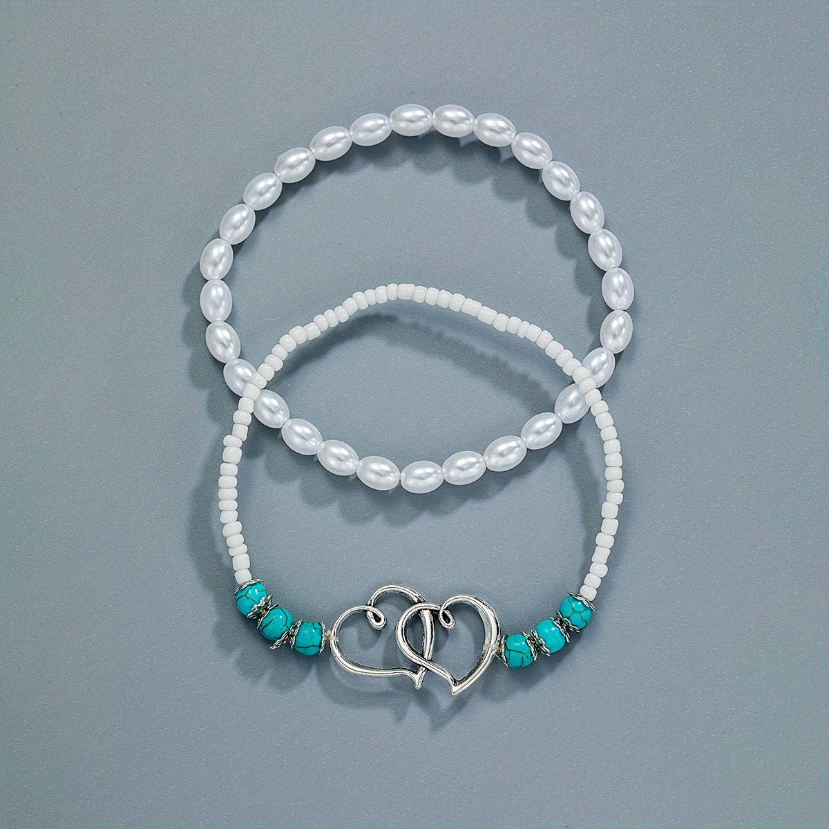 Double Hollow Out Love Heart Beaded Anklet Set With Faux Pearls Turquoise Beads Stackable Ankle Bracelet