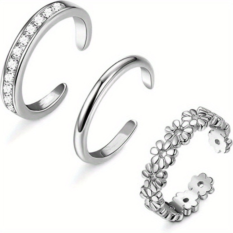 3PCS Toe Ring Set Inlaid Shiny Zircon Flower Etc Shape Pattern Open Toe Ring Foot Jewelry Accessories For Women
