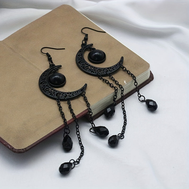 Halloween Ear Jewelry Carved Golden Moon Chain Tassel Design Dangle Earrings Goth Style Female Gift
