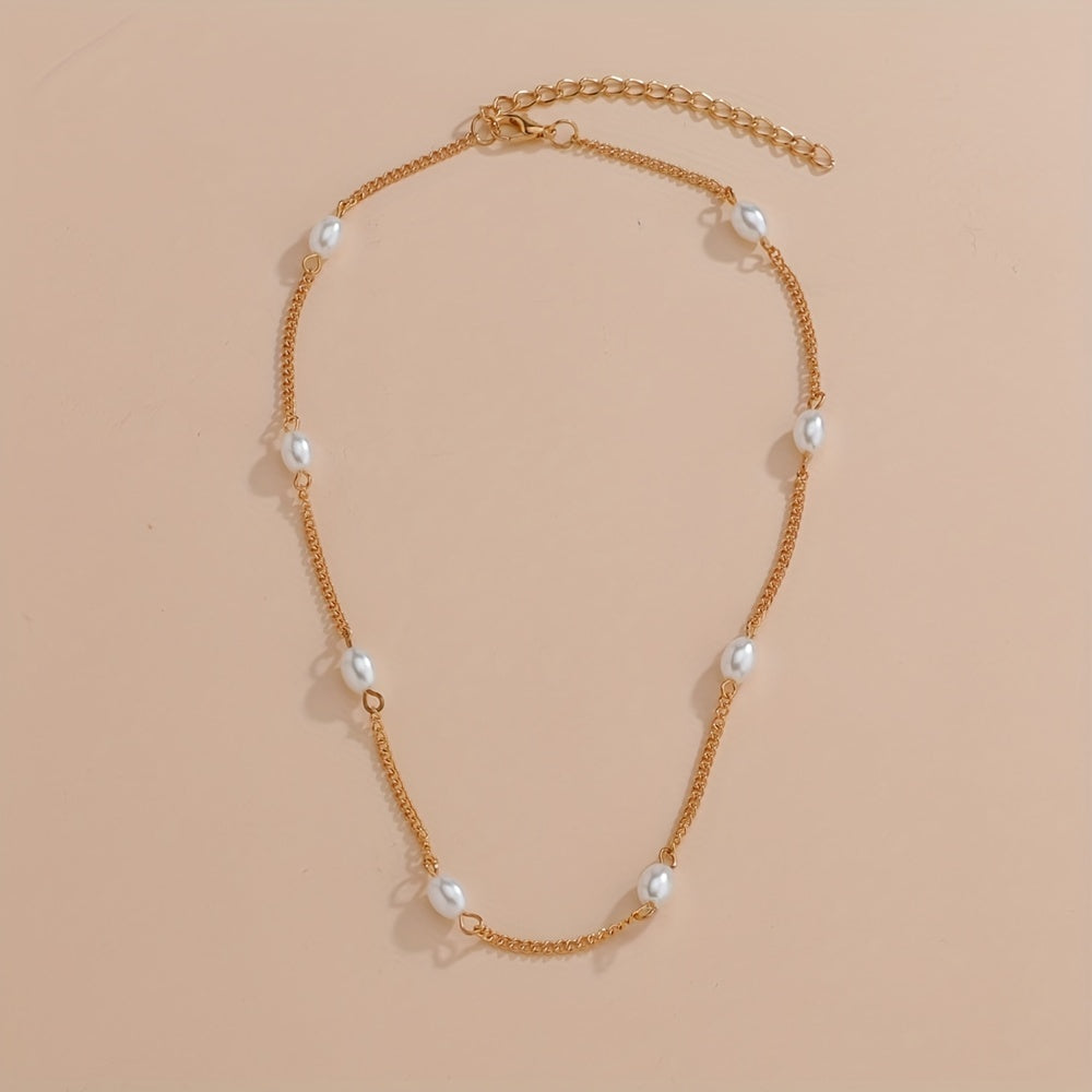 Stylish Alloy Chain Faux Pearl Ladies Necklace Holiday Banquet Prom Ornament