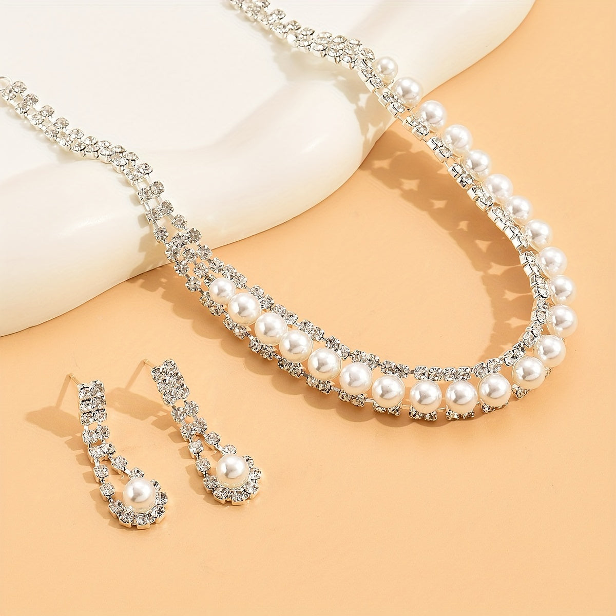 Baroque Style Faux Pearl Rhinestone Choker & Earrings Fine Jewelry Set, Silver Plated Accessories Ornament