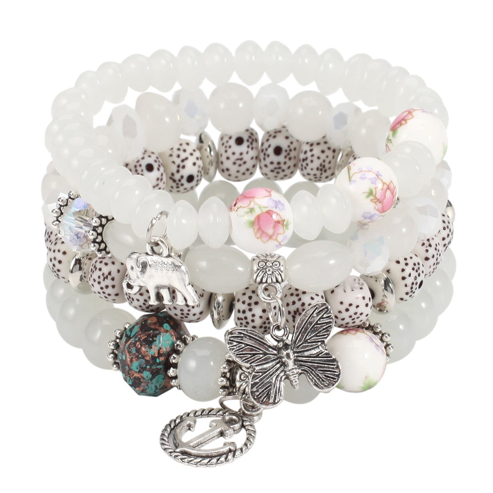 Bohemian Layered Beaded Bracelet with Elephant, Anchor, and Butterfly Pendants