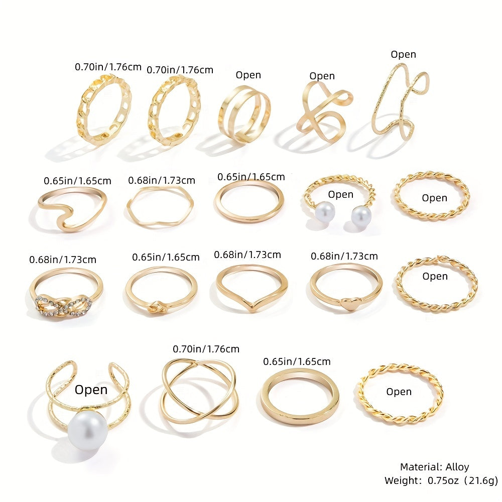 19pcs Y2k Ring Set Trendy Bow Knot V Shape Chain Patterns Inlaid Rhinestone Mix And Match For Daily Outfits Party Accessories Stackable Jewelry