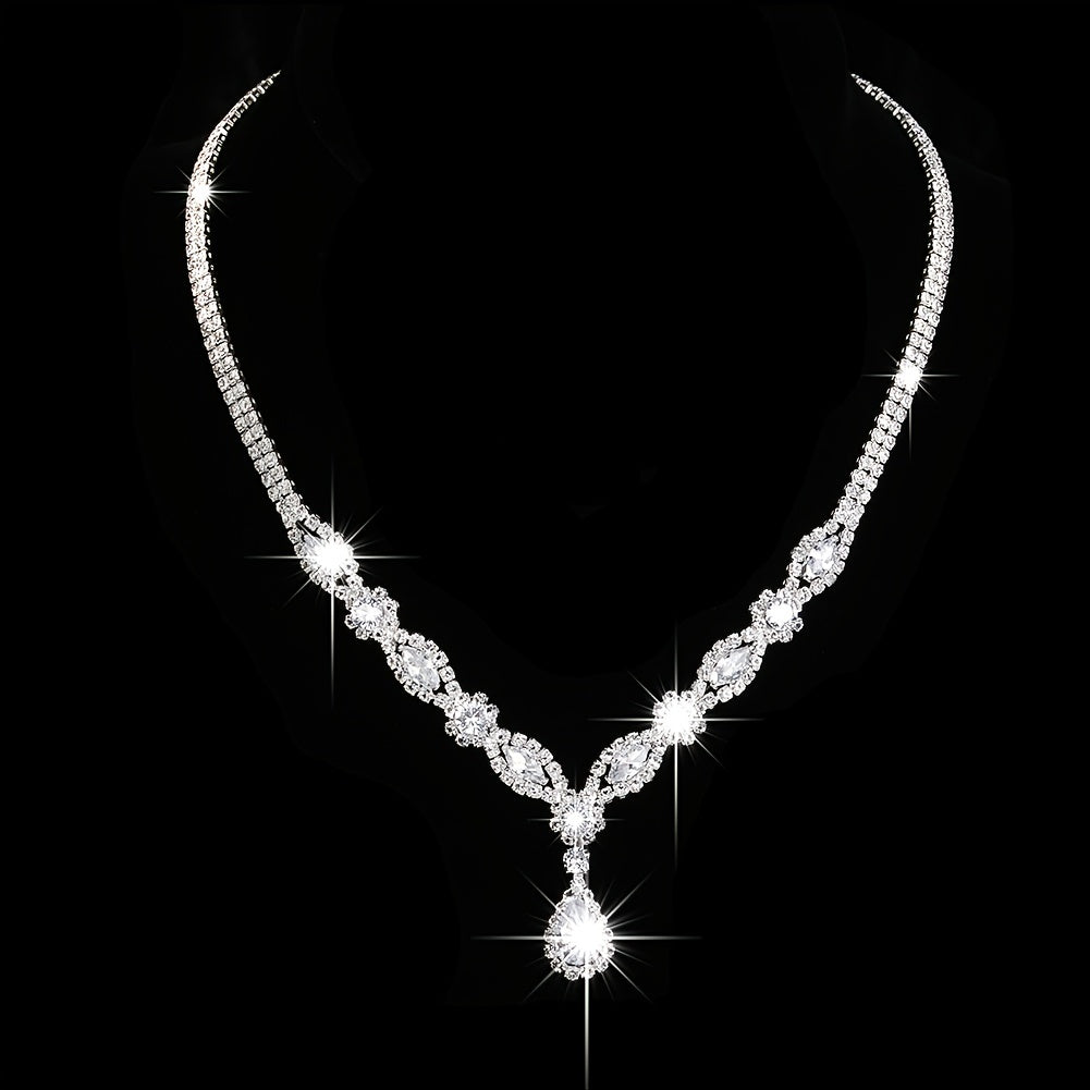 Elegant Zircon Wedding Jewelry Set - Silvery Necklace and Earrings