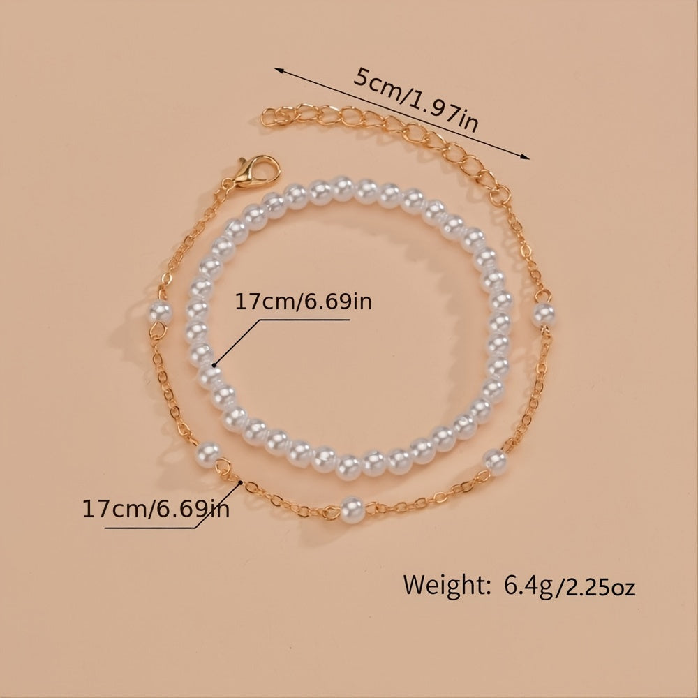 Vintage Adjustable Bracelet Set Faux Pearls Beads Sweet Hand Jewelry Set 2 Pcs Bracelet For Women