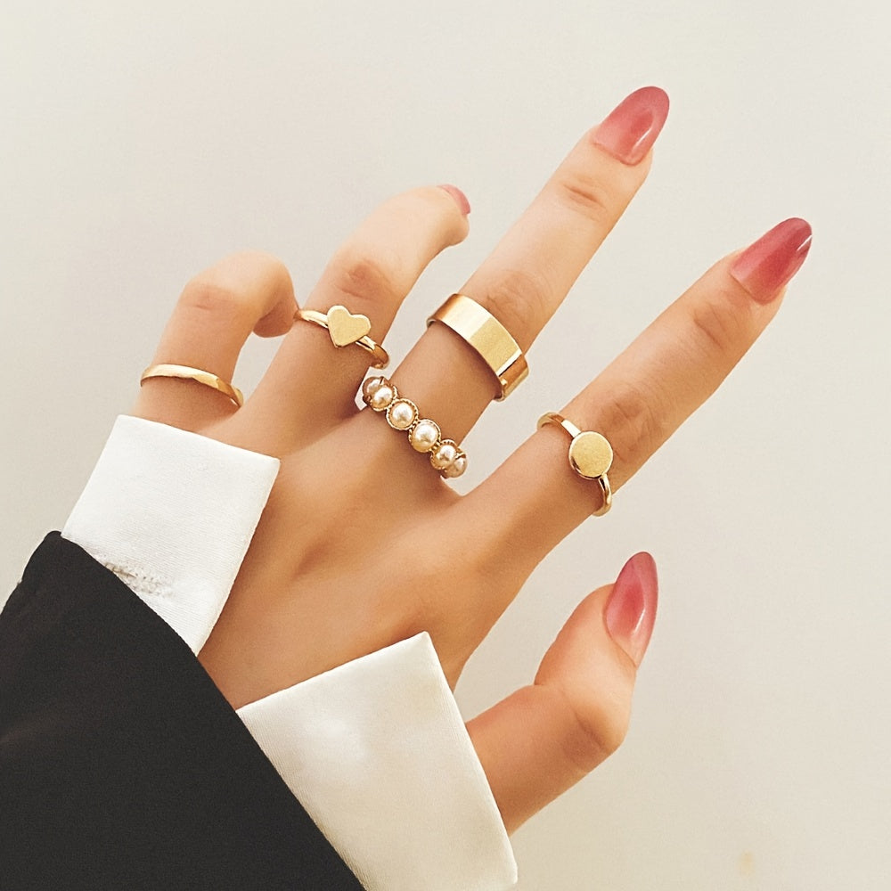 Complete Your Look with Our 5-Piece Gold Plated Heart Ring Set - Perfect for Stacking and Elevating Your Fashion Game!