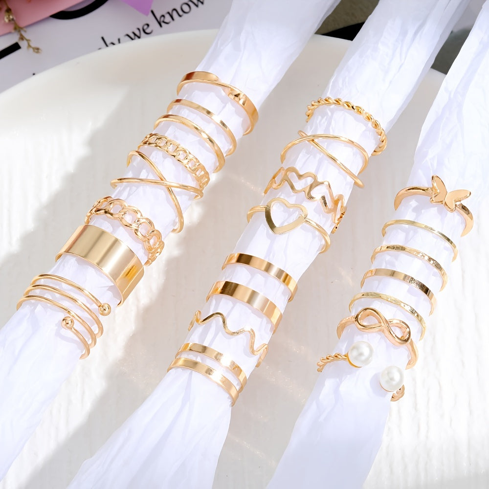 Make a Statement with 22pcs Personality Exaggerated Twist Wave Love Pattern Rings - Women's Joint Ring Set for Party Favors in Golden and Silver Color
