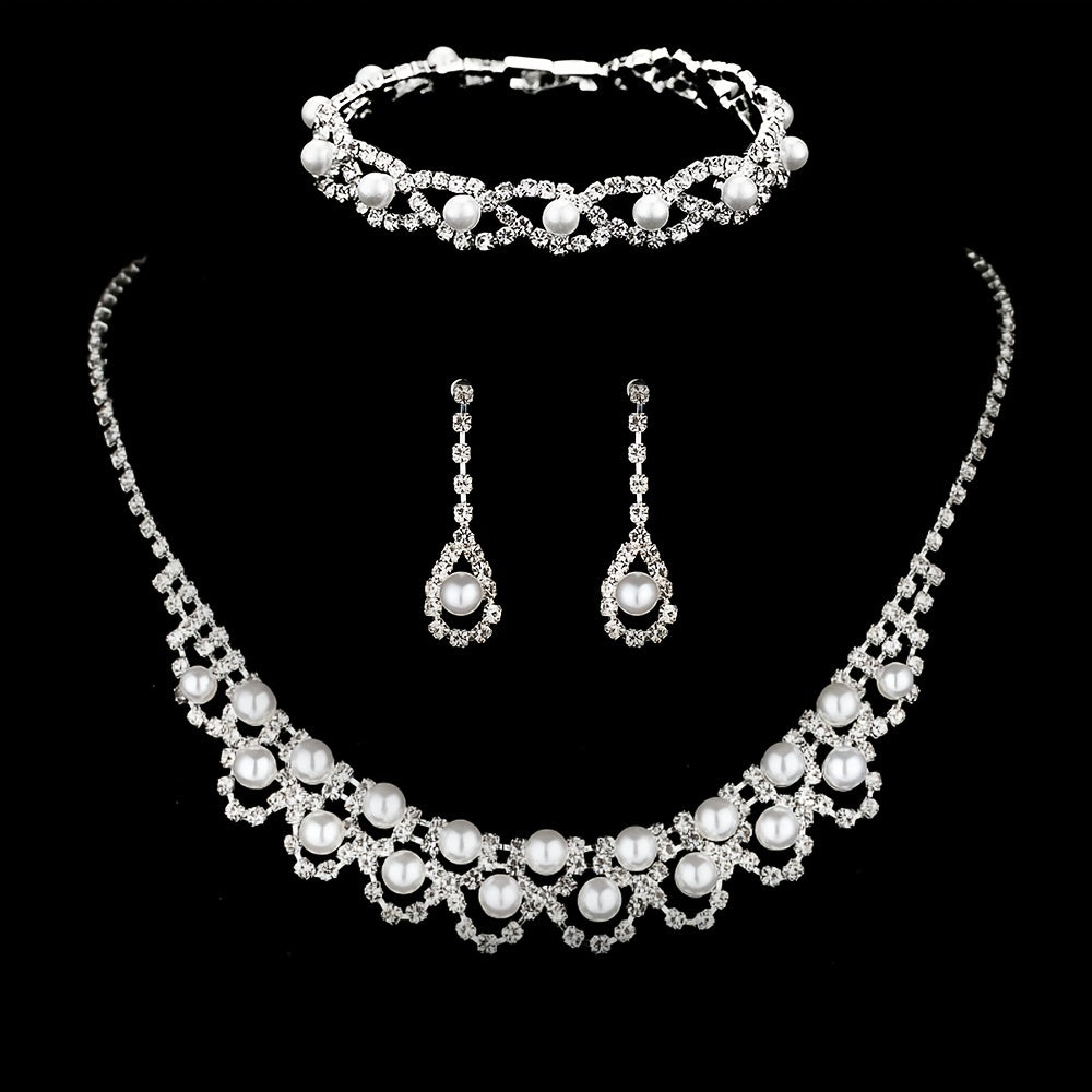 Exquisite Jewelry Set Two Rows Faux Pearls Choker Necklace & Hollow Water Drop Shaped Inlaid Faux Pearls Pendant Earrings / Bangle Bracelet Wedding Photography