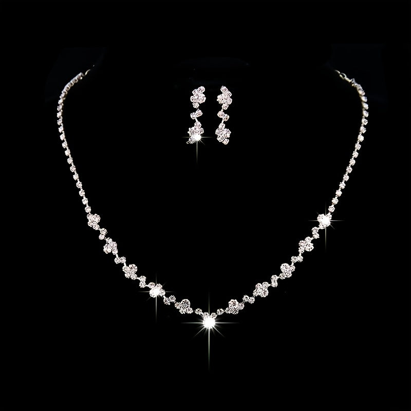 Jewelry Set Charm Necklace & Drop Earrings 2 Pcs Flower Shaped Rhinestones Chain Pendant Adjustable Bridal Jewelry For Women And Girls
