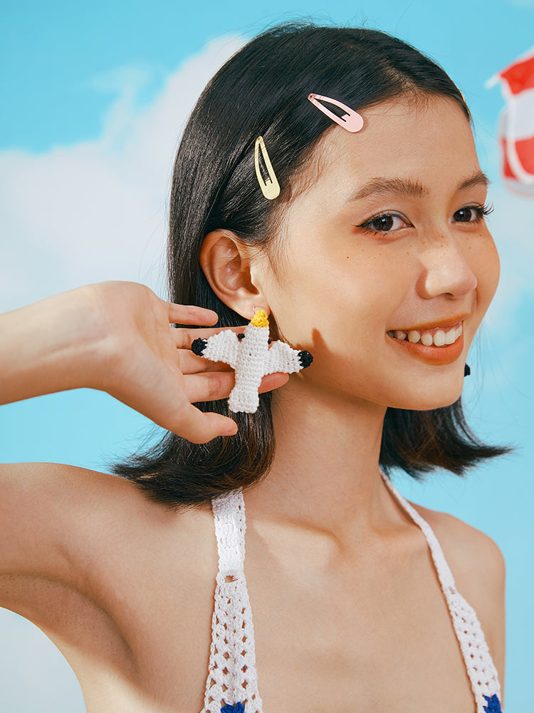 LB Hand Crochet "Seagull" Earrings Cute Pendant Ear Clip LOJL99