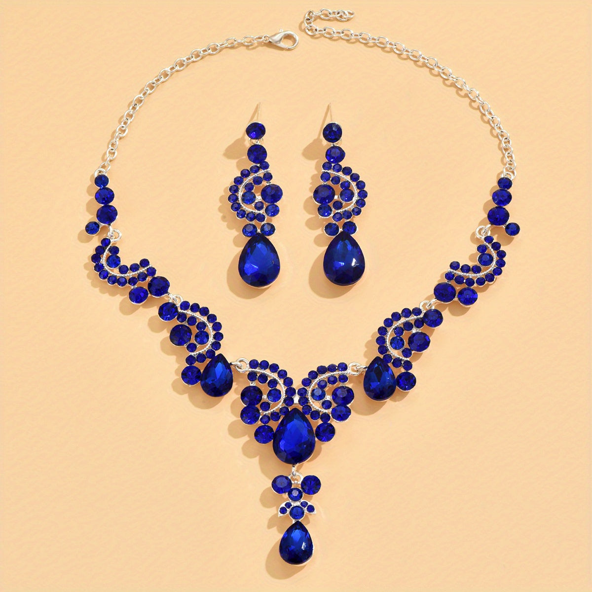 Shimmering Synthetic Gemstone Pendant Necklace and Dangle Earrings Jewelry Set