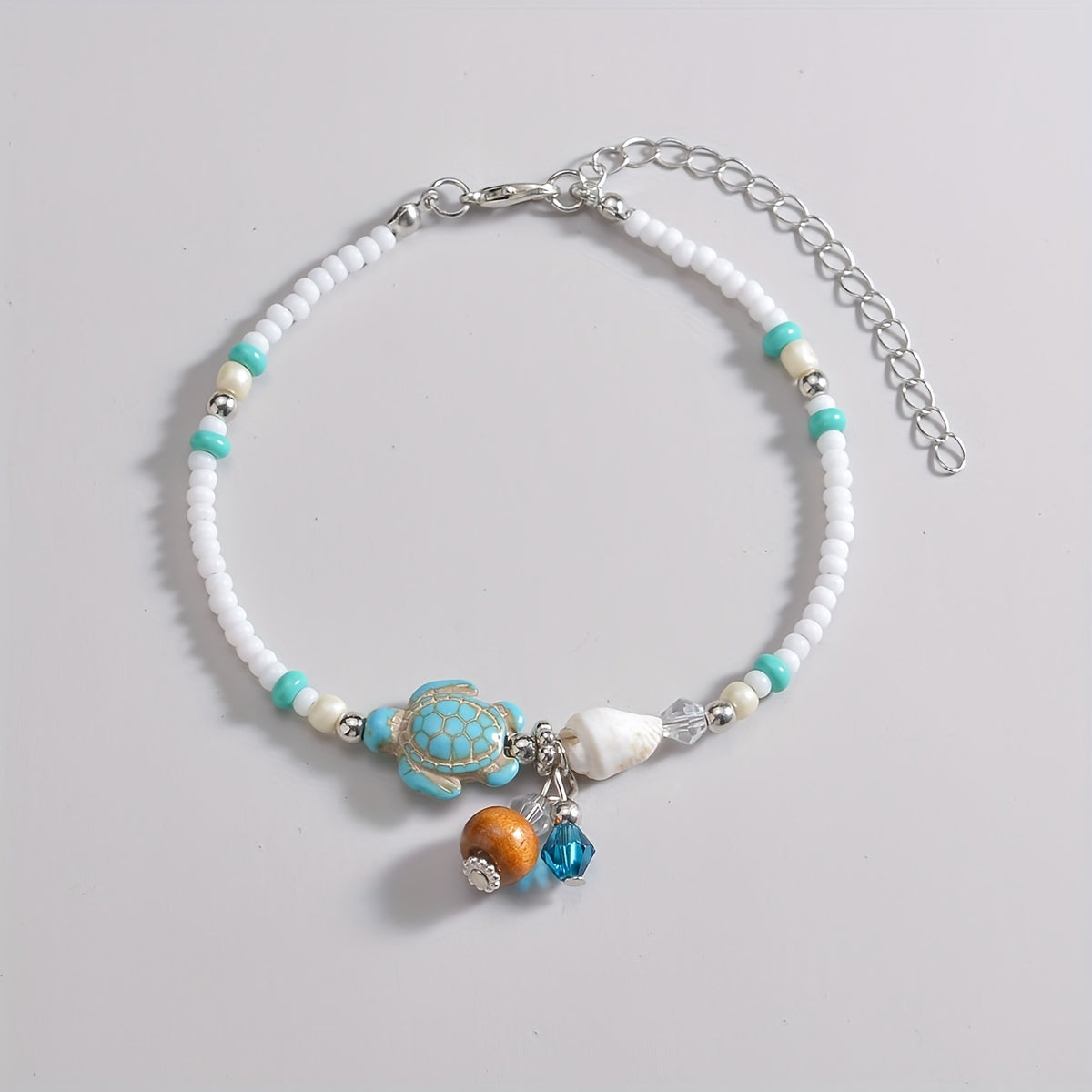 Vintage Turquoise Turtle Shape Beaded Anklet With Mini Rice Beads White Ocean Style Ankle Bracelet 1pc