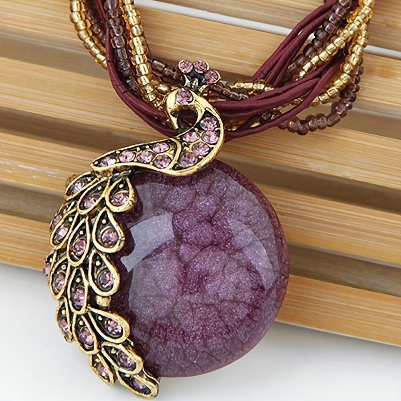 Bohemian Ethnic Style Retro Leaf Peacock Gemstone Pendant Necklace For Women Girls