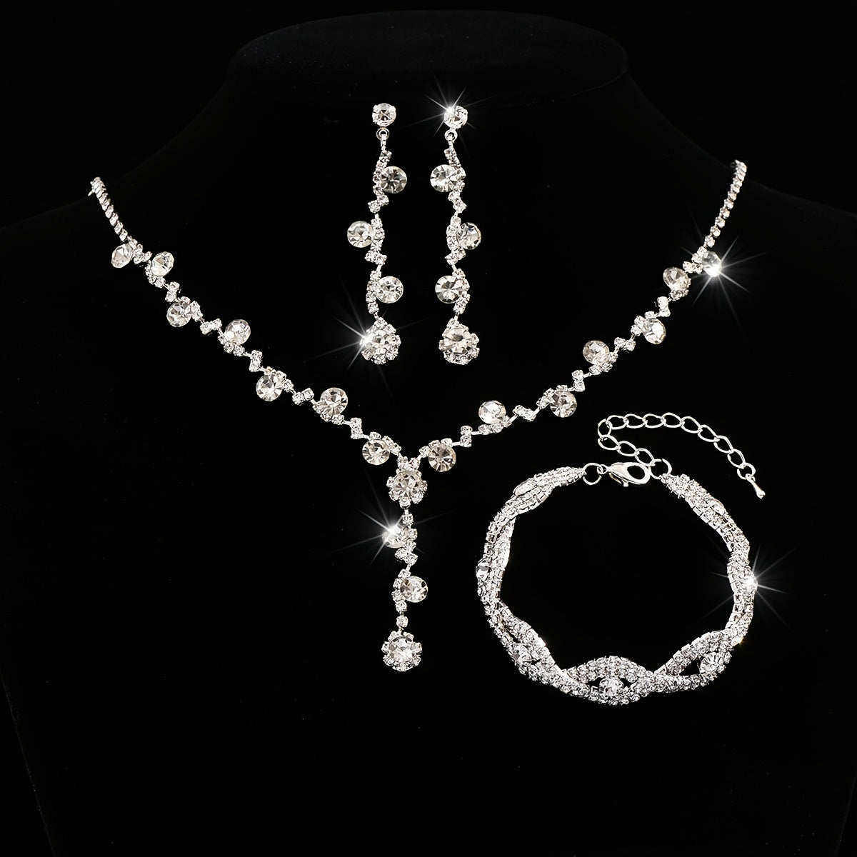 Elegant Rhinestone Flower Jewelry Set with Shiny Zircon Pendant Necklace and Chain Bracelet for Weddings and Special Occasions