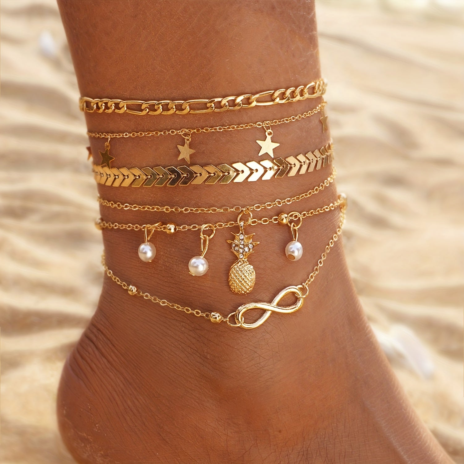 Add Vintage Glamour to Your Sandals with Exquisite Stackable Anklet Set Inlaid with Rhinestones - Multilayered Boho Style