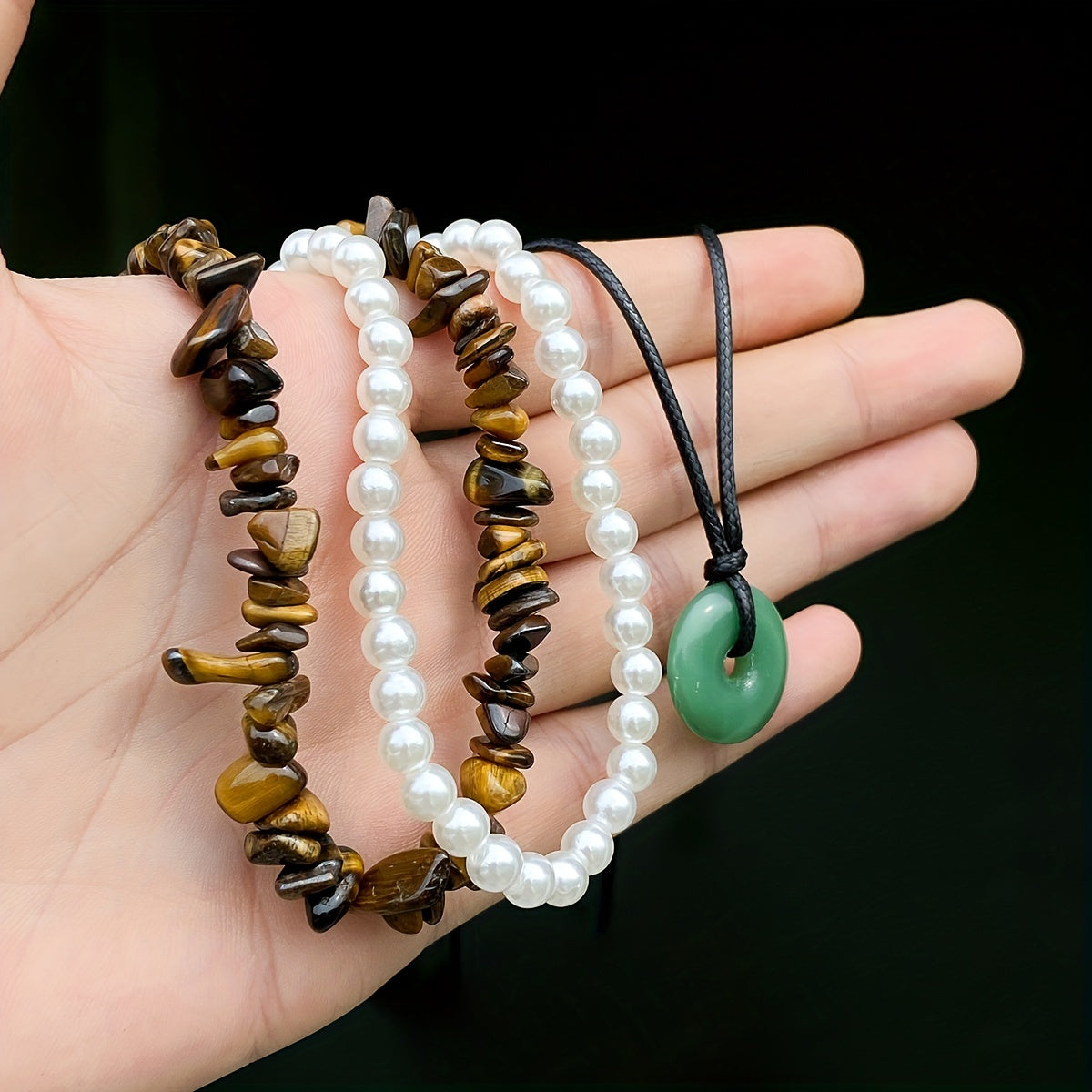 3pcs Vintage Stone Mixed Faux Pearl Wax Thread Vacation Beach Vacation Decor Necklace For Women Girls Gift